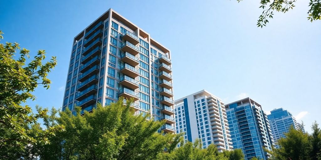 Houston skyline with modern apartment buildings, sunny day