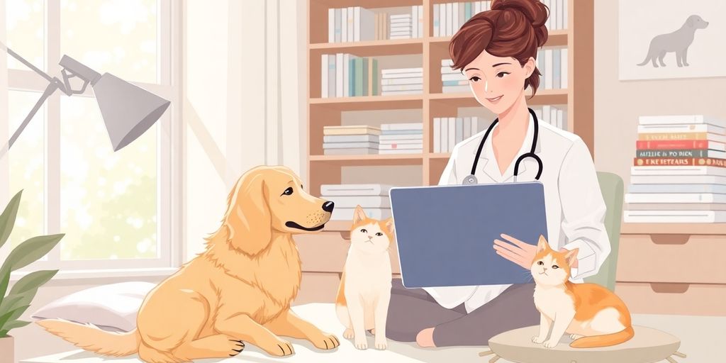 Female veterinarian at desk with laptop, golden retriever and cat.