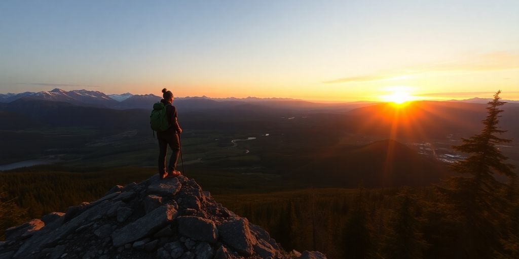 Hiker on a Girdwood mountain peak overlooking a valley.