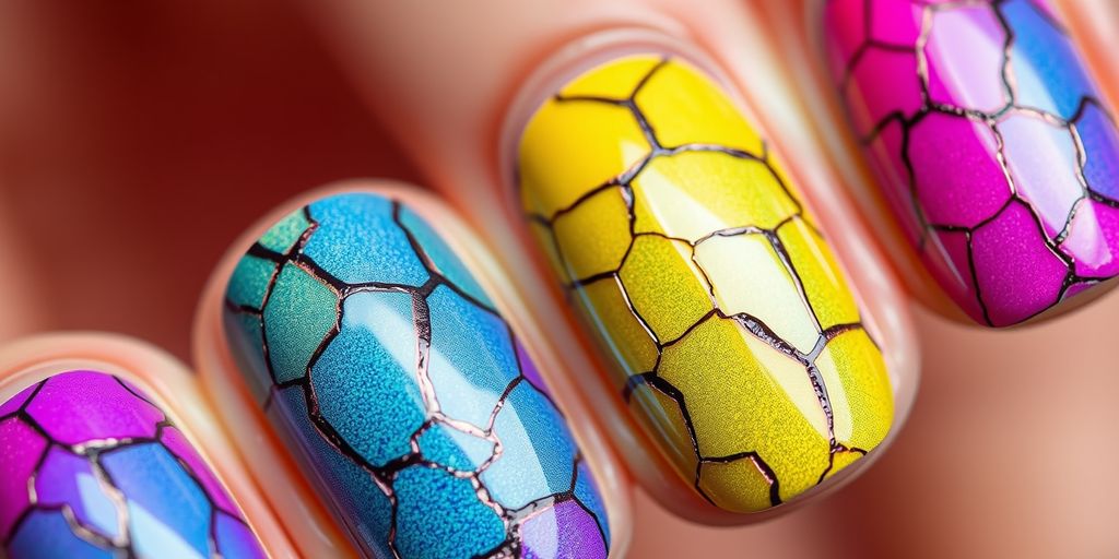 Unhas craqueladas em cores vibrantes.