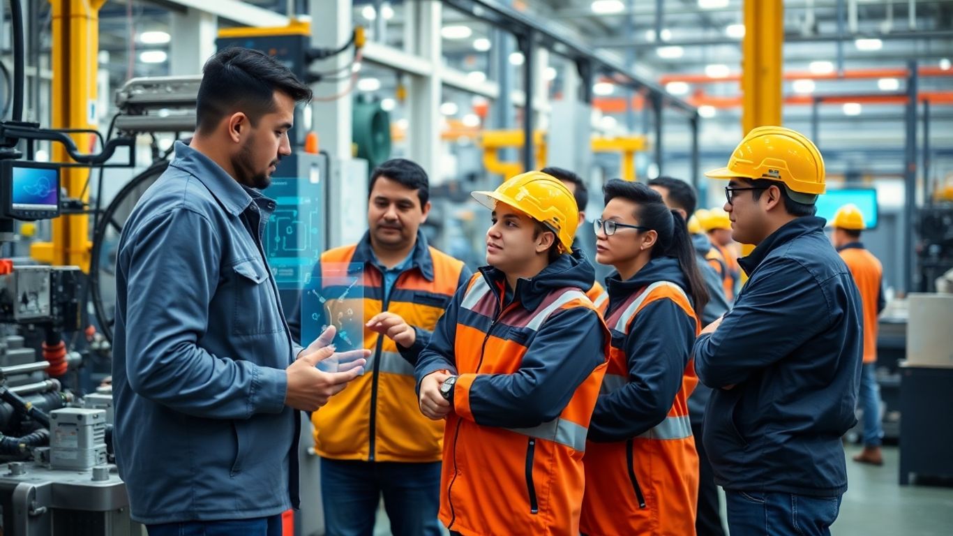 Factory workers using advanced technology and automated systems.