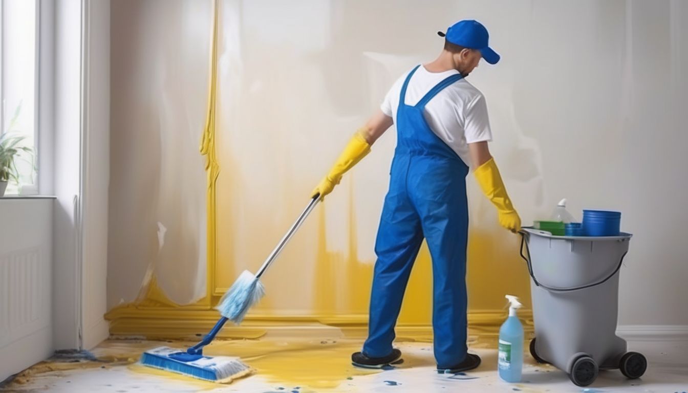 person cleaning up after painting a wall