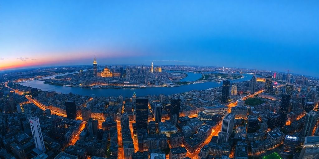 London cityscape at dusk with illuminated buildings.