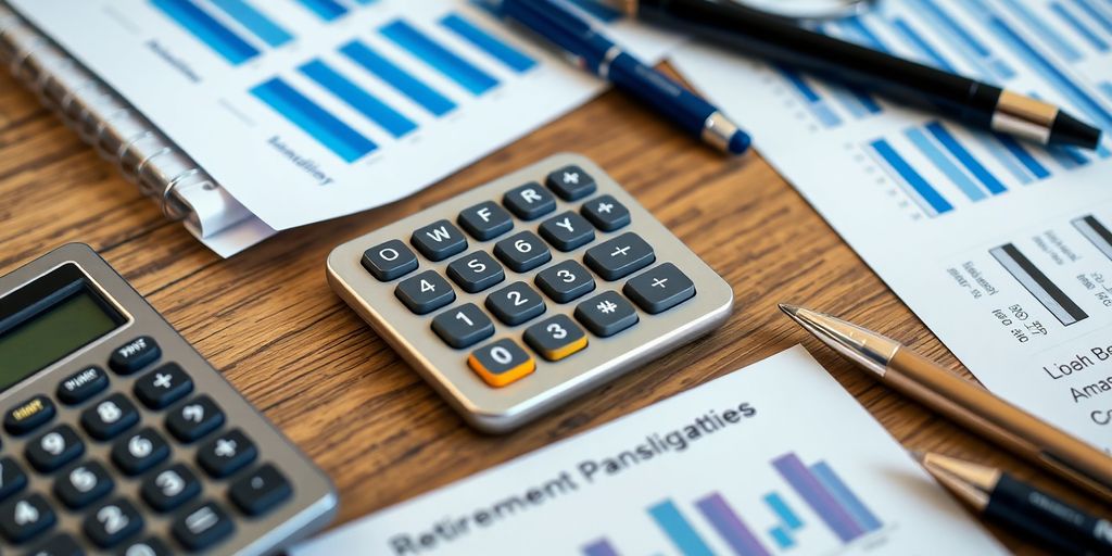 Calculator with retirement planning tools on a wooden desk.