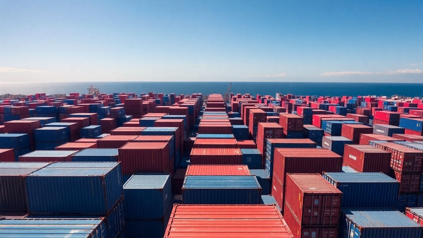 Shipping containers stacked in a sunny port.