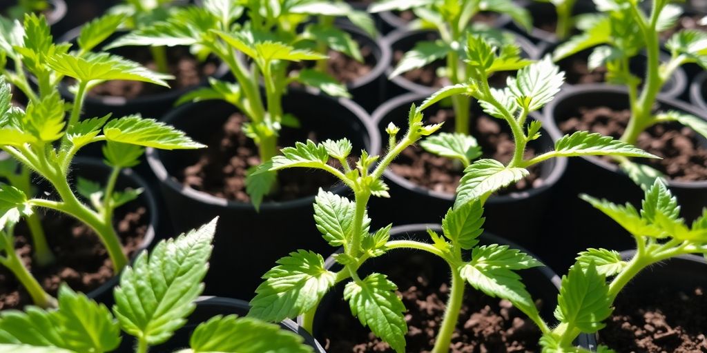 Junge Tomatenpflanzen im Topf, bereit zum Umtopfen