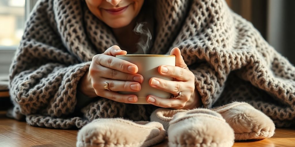 Cozy grandmother enjoys blanket, tea, and warm slippers.