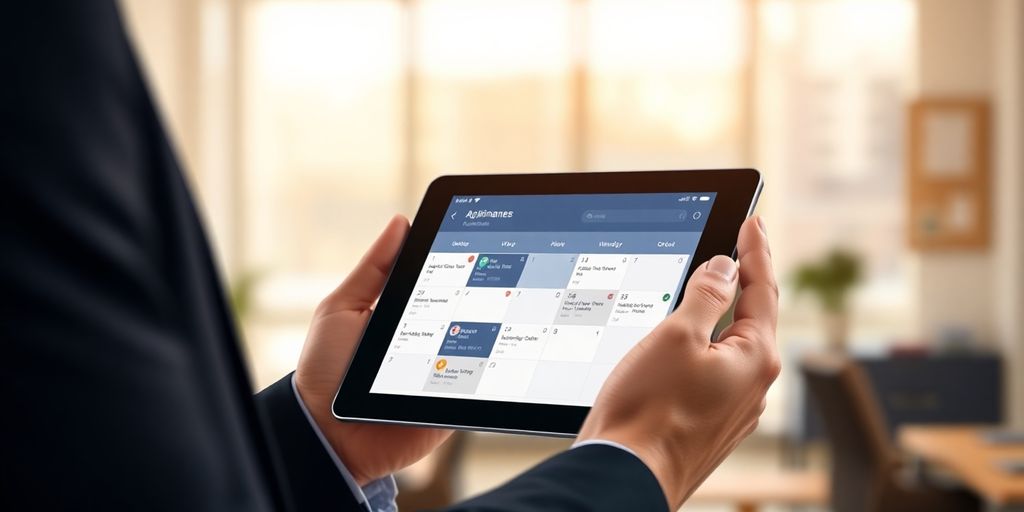 Professional holding tablet, networking.