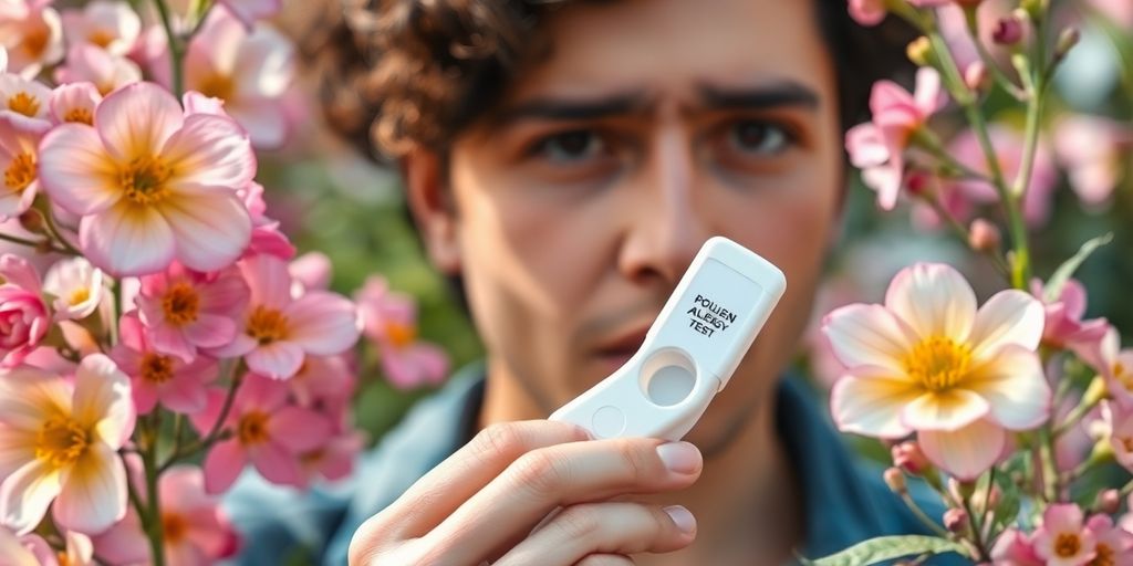 Person with allergy test kit among blooming flowers.