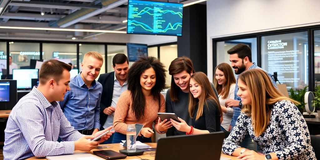 Diverse innovators collaborating in a modern office setting.