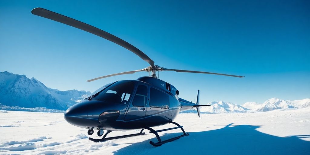 A modern helicopter sits on a vast Alaskan glacier.