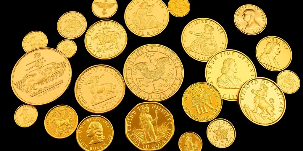 Collection de pièces d'or thématiques sur fond sombre.