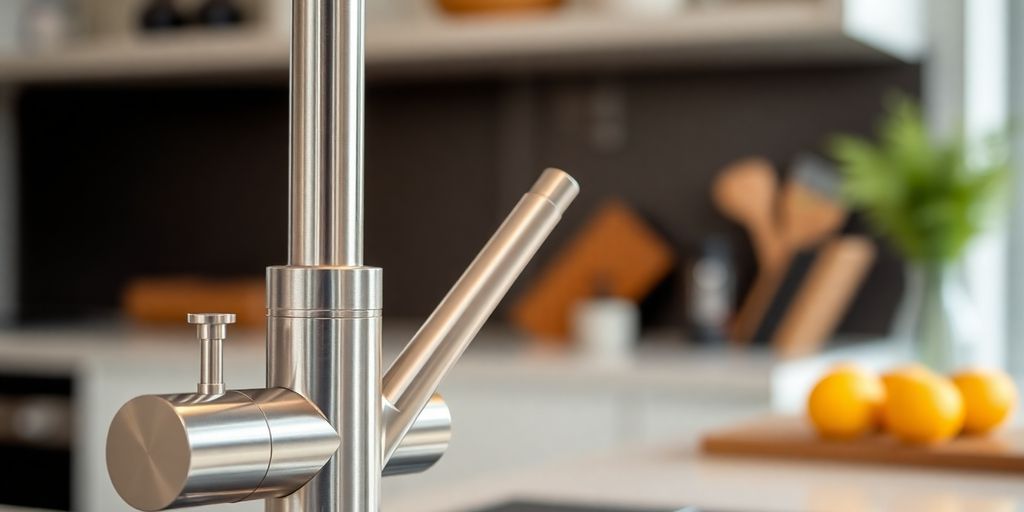 Modern faucet with brushed nickel finish.