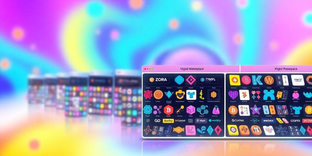 Colorful digital art representing zora nft marketplace.