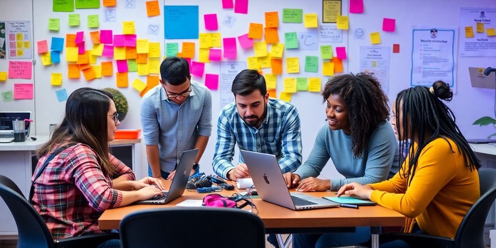 Developers collaborating on web accessibility projects in an office.