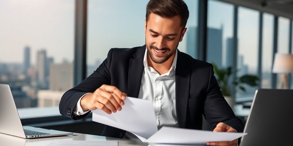 Professional broker reviewing documents in modern office.