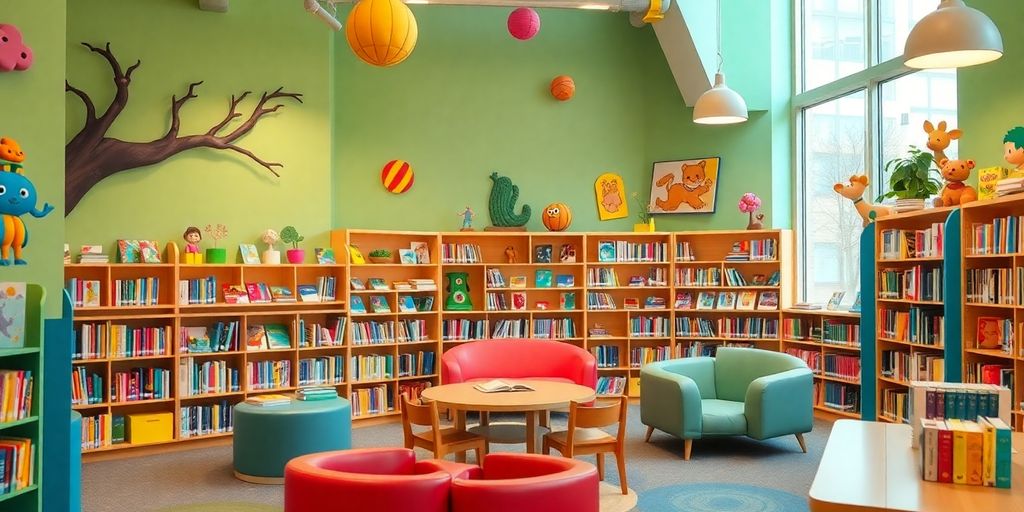 A colorful children's library with books and cozy seating.