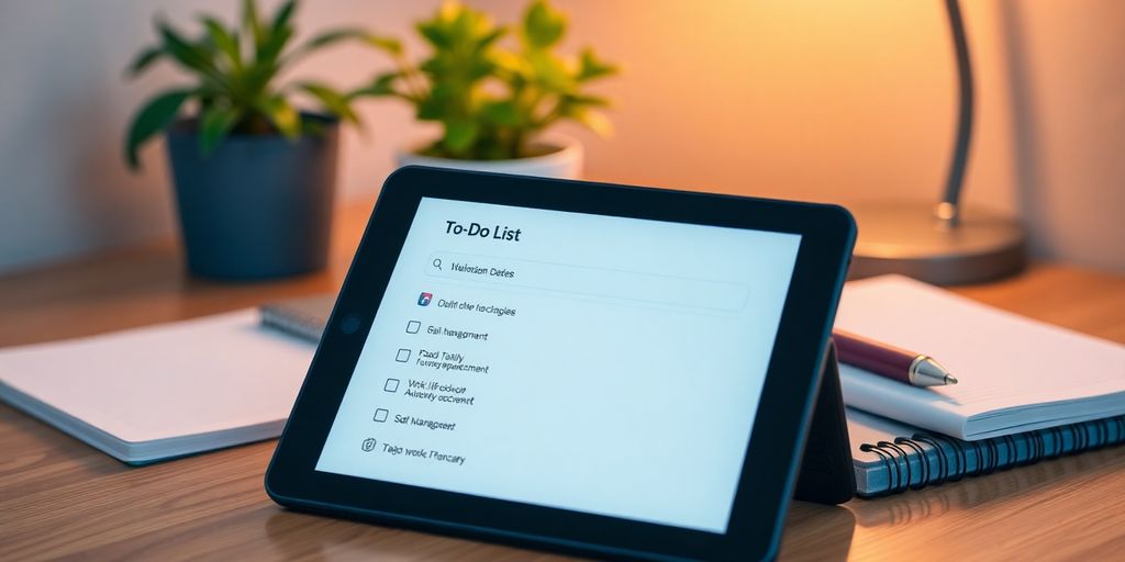 Moderne To-Do Liste App auf einem Schreibtisch.