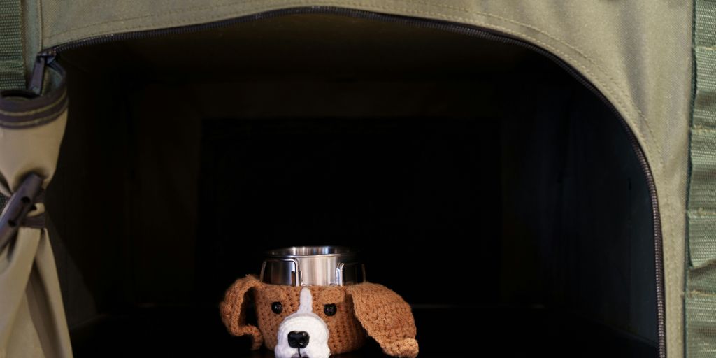 A dog head and food bowl sit on a shelf.
