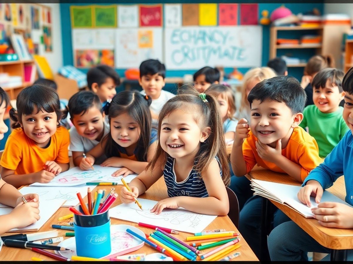 Copii creativi în clasă, implicati în activități artistice.