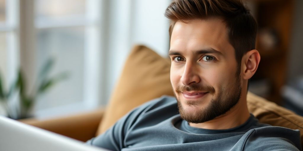 Man smiling while using a laptop for telehealth.