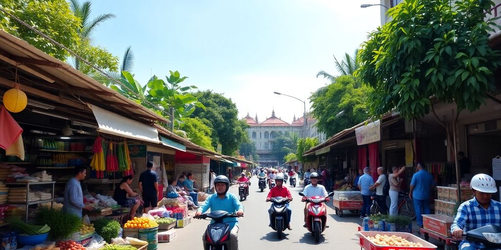 Bustling street scene with market stalls
