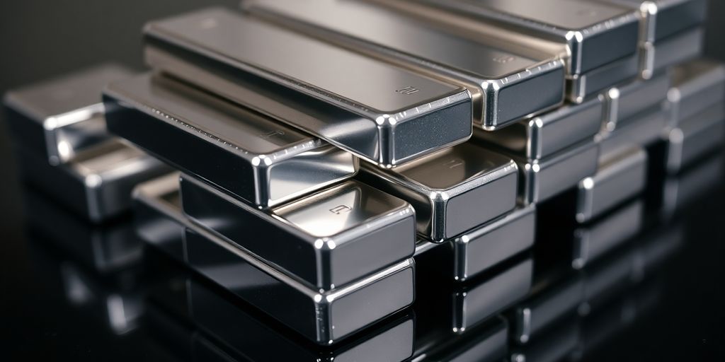 Lingots d'argent brillants empilés sur une surface sombre.