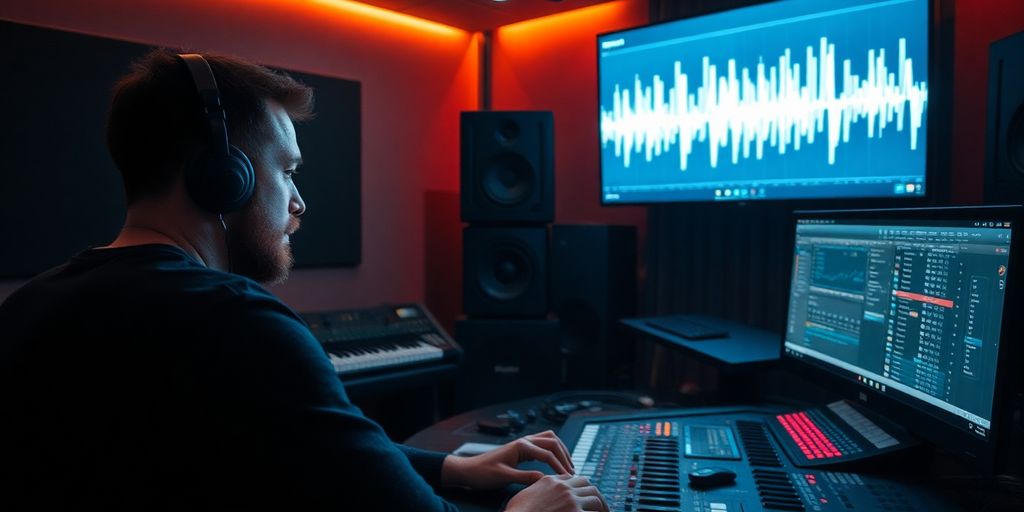 Music producer at mixing board in studio