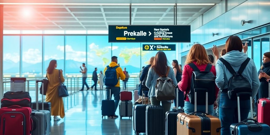 Travelers at an airport gate ready for adventure.