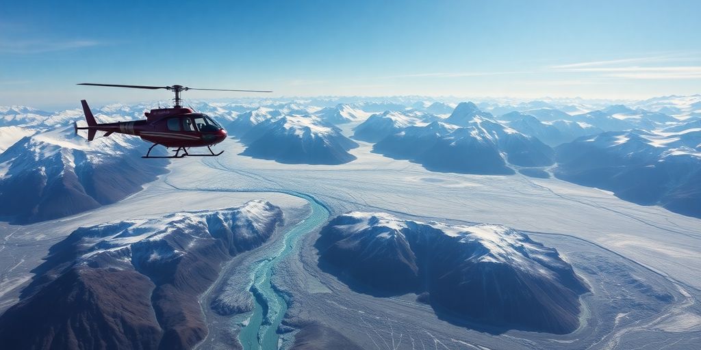 A helicopter flies over majestic, snow-covered Alaskan mountains.