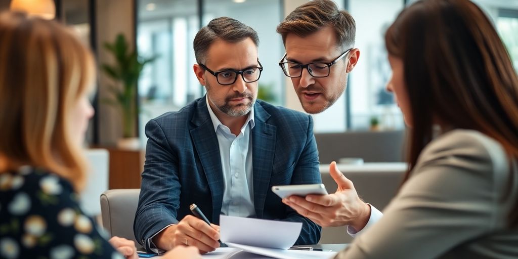 A services expert consulting with clients in an office.
