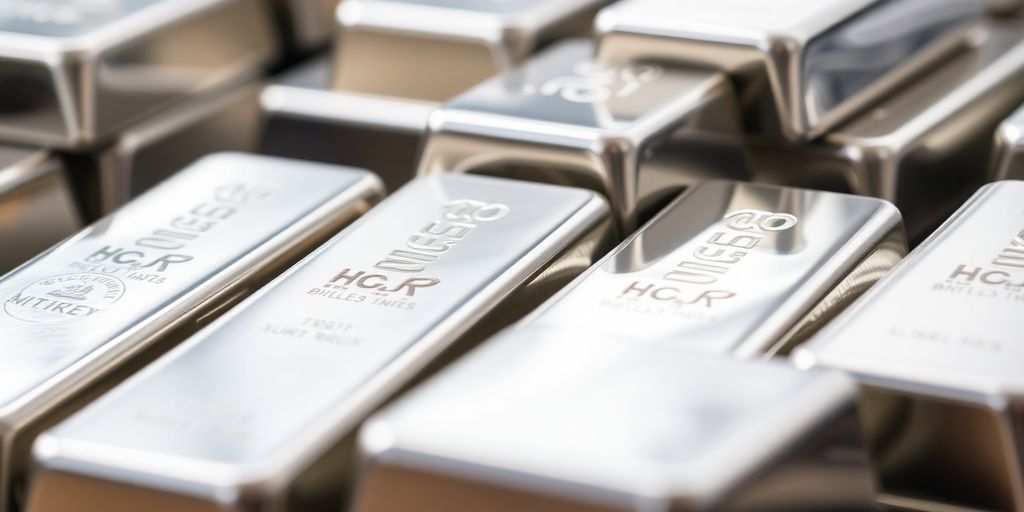 Shiny silver bars stacked on a blurred background.