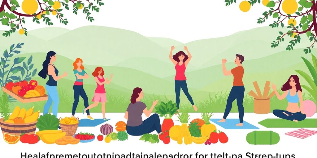 Vibrant fitness activities and healthy food options.