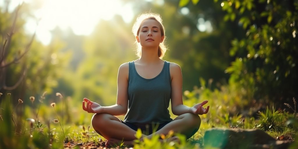 Person meditating peacefully outdoors at sunrise.