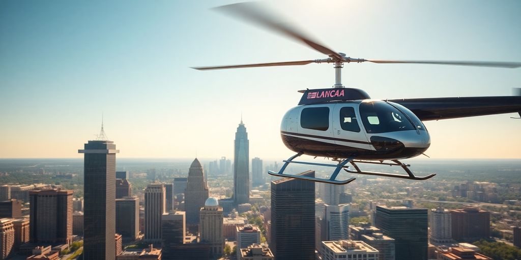 A sleek helicopter flying over the Atlanta city skyline.