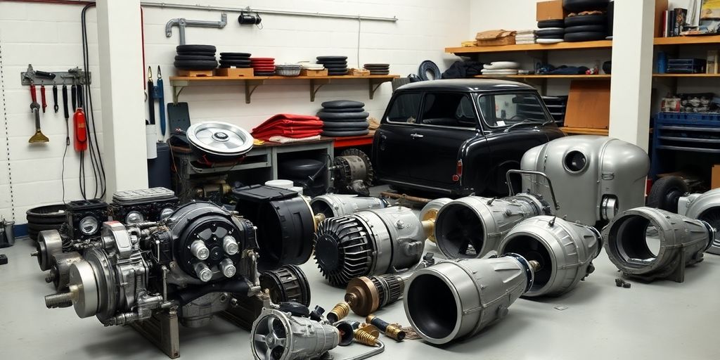 Shiny Mini Cooper parts arranged neatly.