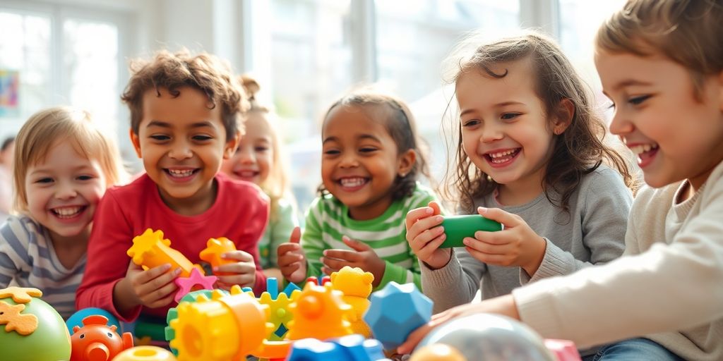 Children smiling and interacting with colorful educational toys.
