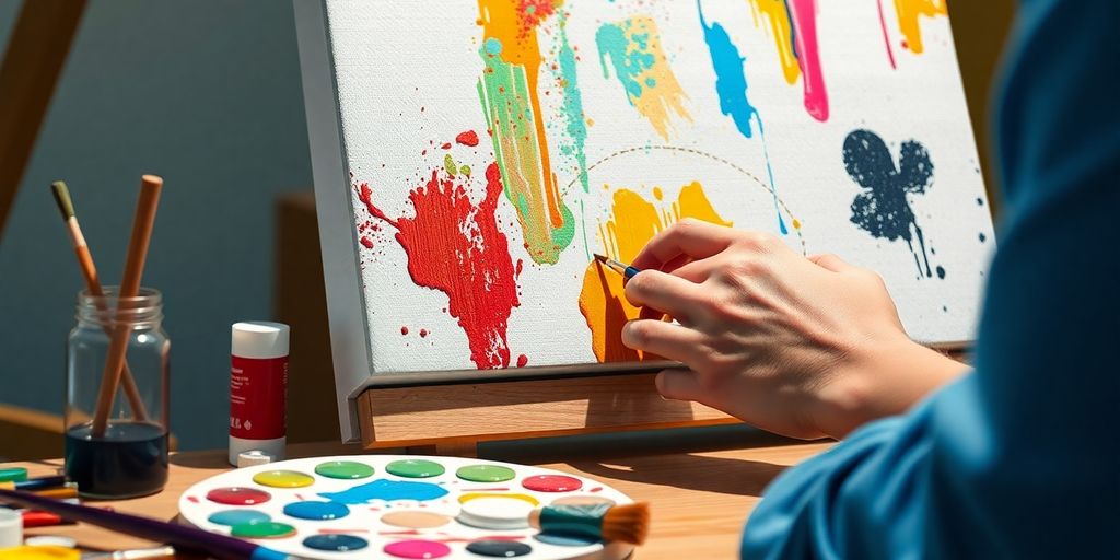 Artist's hands painting on canvas, surrounded by art supplies.