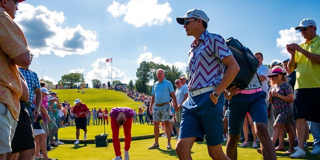 Golfers in fashionable attire at a PGA Tour event.