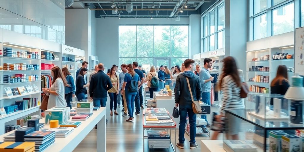 Retail store, modern, diverse people, merchandise