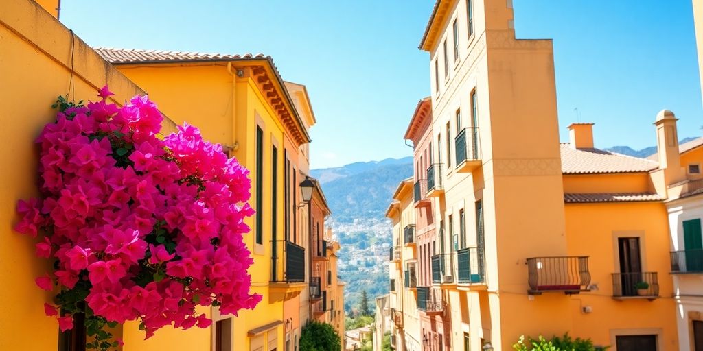 Historic Spanish city with ancient architecture, vibrant colors.