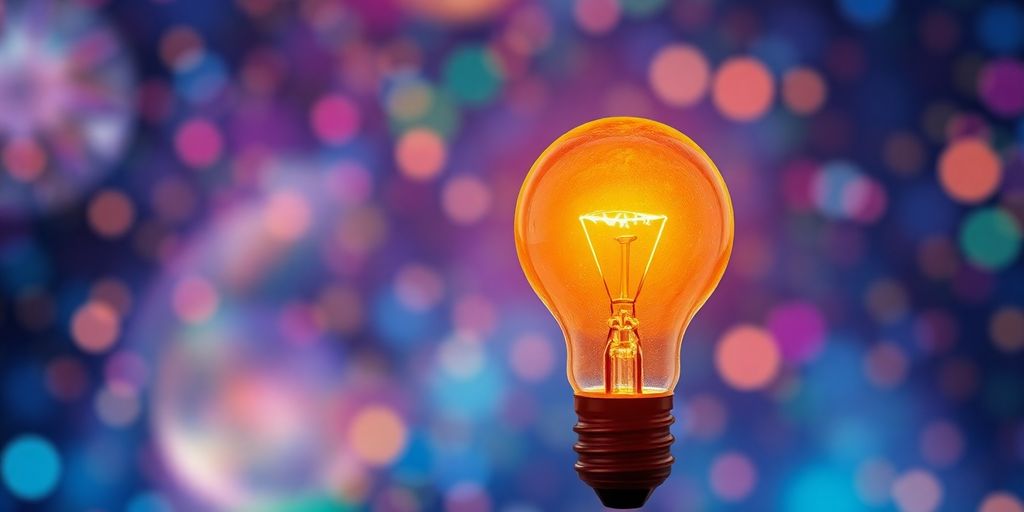 Glowing light bulb on a colorful background representing innovation.