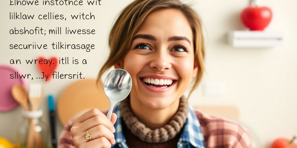 Smiling person with a spoon in a colorful kitchen.