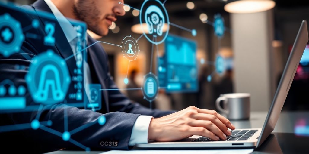 Professionnel utilisant l'intelligence artificielle dans une entreprise.