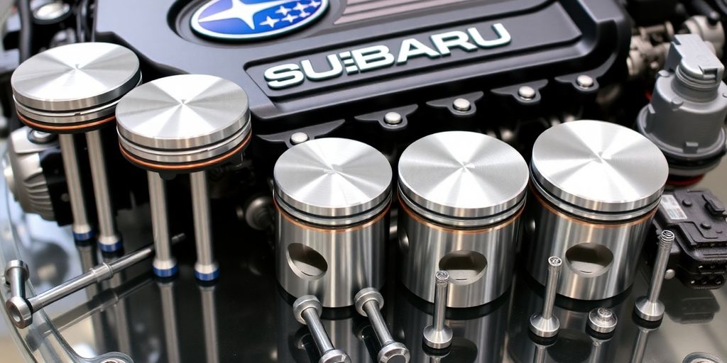 Subaru engine parts laid out neatly.