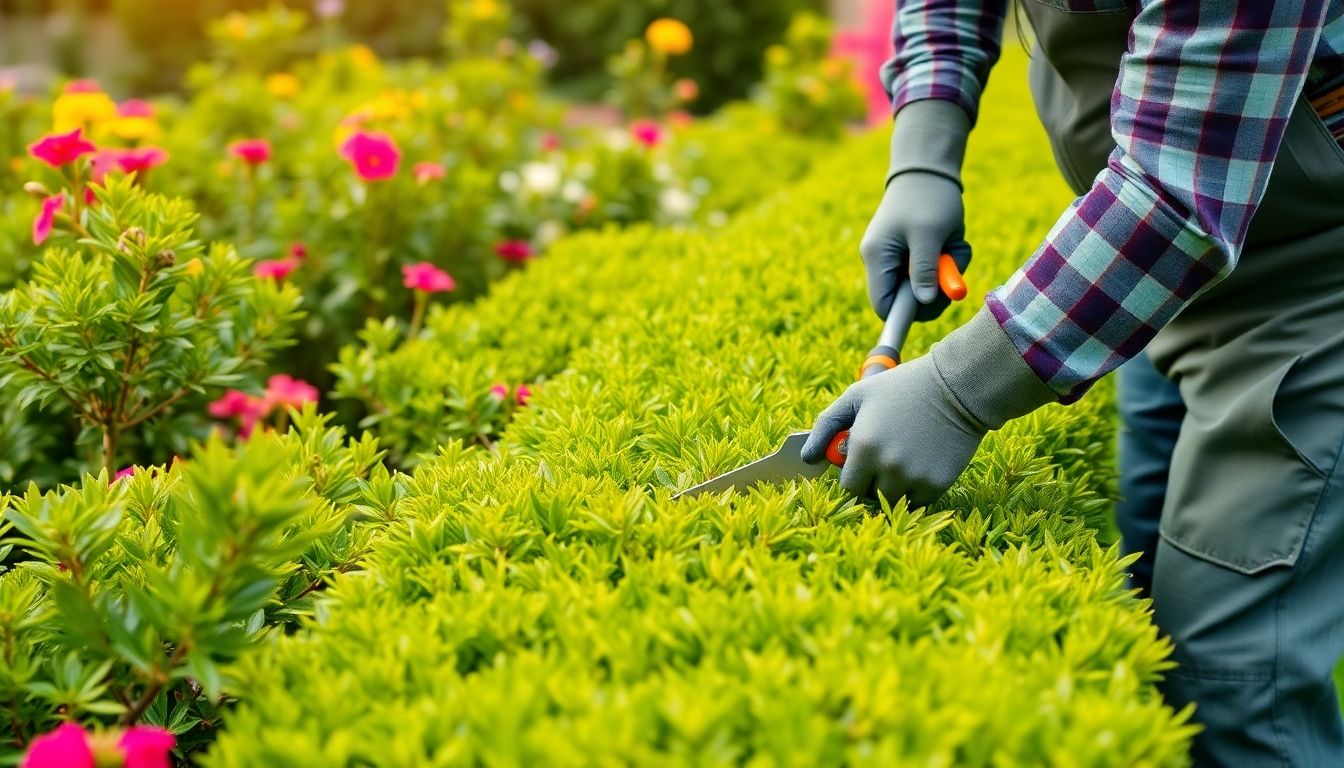 Gardener trimming hedges in a lush green garden.