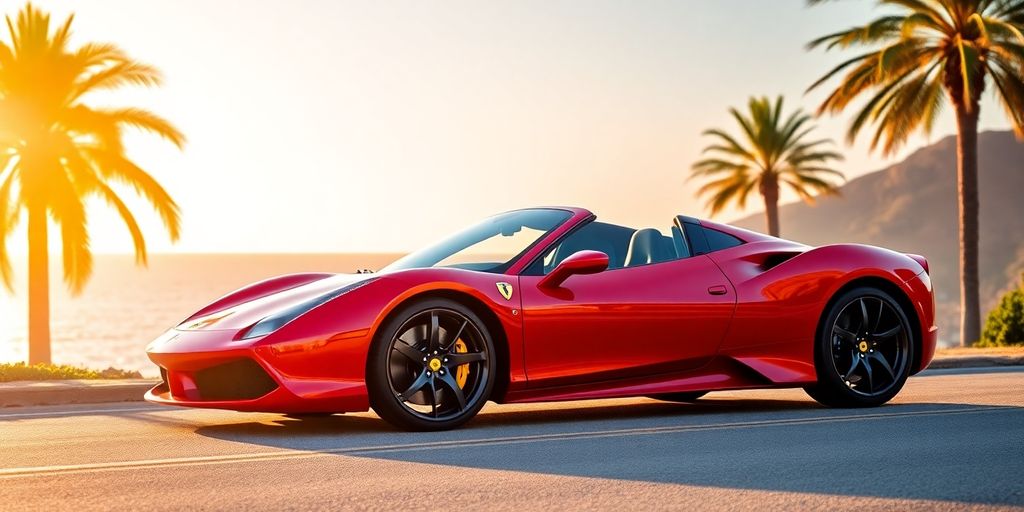 Red supercar parked at sunset