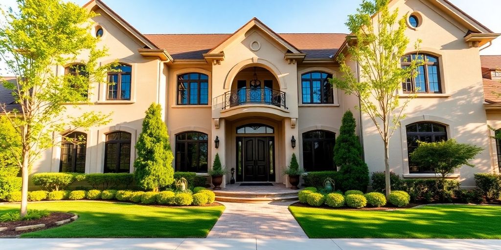 Elegant custom home exterior with manicured landscaping.