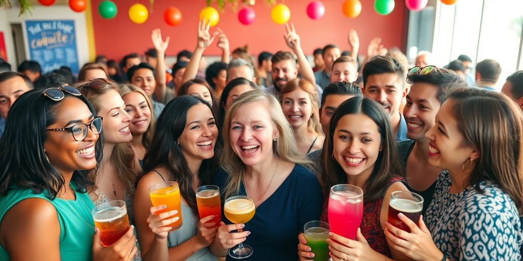 Group enjoying a sober celebration with colorful drinks.