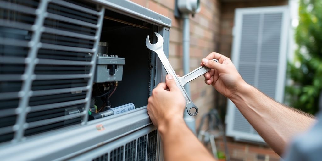 Man inspecting air conditioner unit with tools.